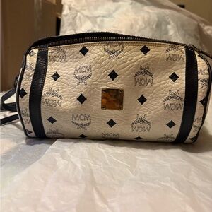 MCM Cream and Black Logo Shoulder Bag